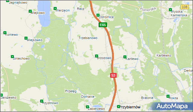 mapa Brzozowo gmina Przybiernów, Brzozowo gmina Przybiernów na mapie Targeo