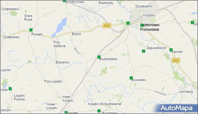 mapa Budziszewo gmina Jabłonowo Pomorskie, Budziszewo gmina Jabłonowo Pomorskie na mapie Targeo