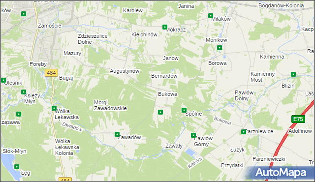 mapa Bukowa gmina Bełchatów, Bukowa gmina Bełchatów na mapie Targeo