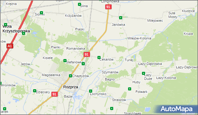 mapa Cekanów gmina Rozprza, Cekanów gmina Rozprza na mapie Targeo