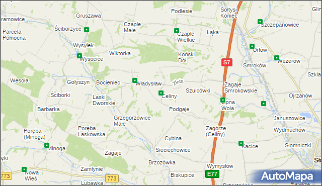 mapa Celiny gmina Iwanowice, Celiny gmina Iwanowice na mapie Targeo