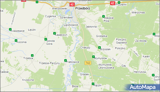 mapa Chałupy gmina Przedbórz, Chałupy gmina Przedbórz na mapie Targeo