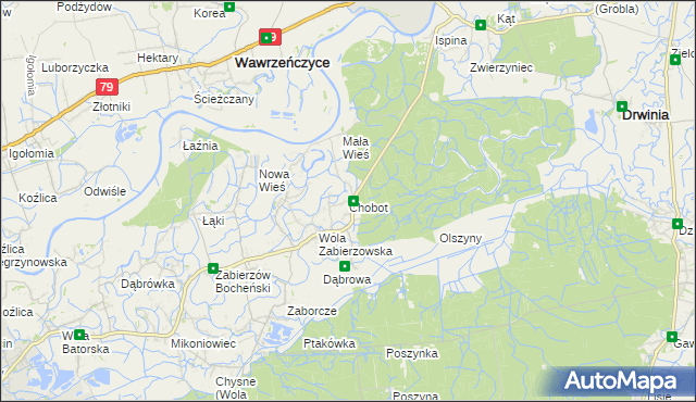 mapa Chobot gmina Niepołomice, Chobot gmina Niepołomice na mapie Targeo