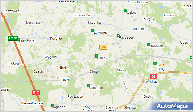 mapa Choiny gmina Parysów, Choiny gmina Parysów na mapie Targeo