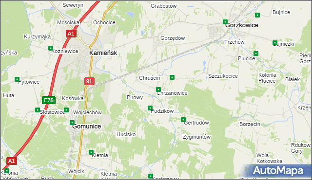 mapa Chrzanowice gmina Gomunice, Chrzanowice gmina Gomunice na mapie Targeo