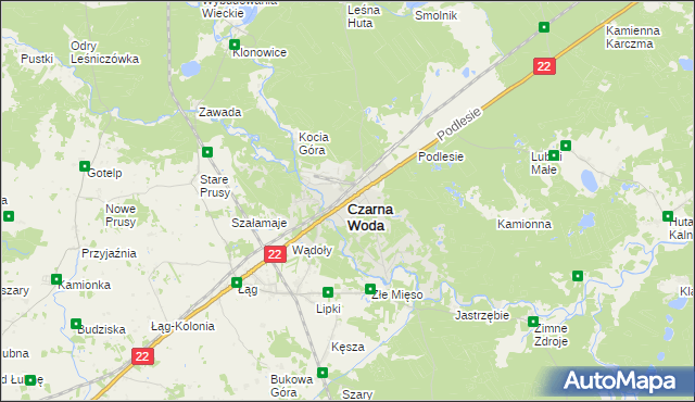 mapa Czarna Woda powiat starogardzki, Czarna Woda powiat starogardzki na mapie Targeo