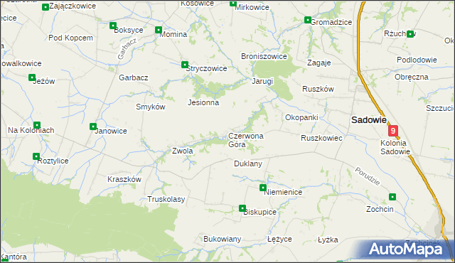 mapa Czerwona Góra gmina Sadowie, Czerwona Góra gmina Sadowie na mapie Targeo