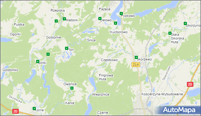 mapa Częstkowo gmina Kościerzyna, Częstkowo gmina Kościerzyna na mapie Targeo