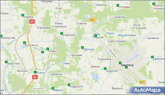 mapa Dąbrowa gmina Siennica, Dąbrowa gmina Siennica na mapie Targeo