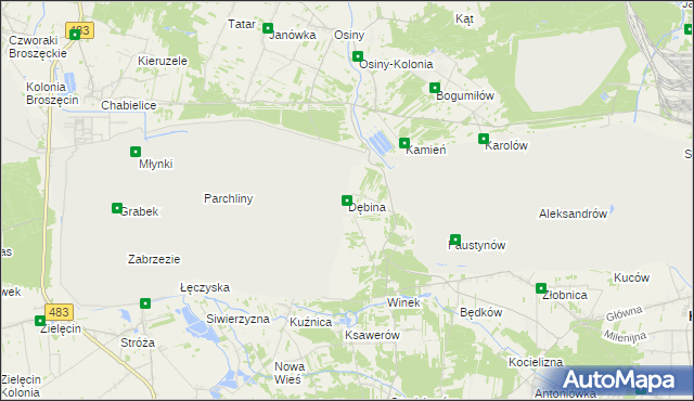 mapa Dębina gmina Kleszczów, Dębina gmina Kleszczów na mapie Targeo