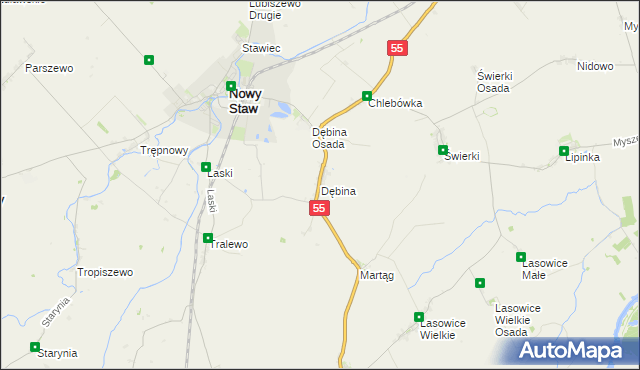 mapa Dębina gmina Nowy Staw, Dębina gmina Nowy Staw na mapie Targeo