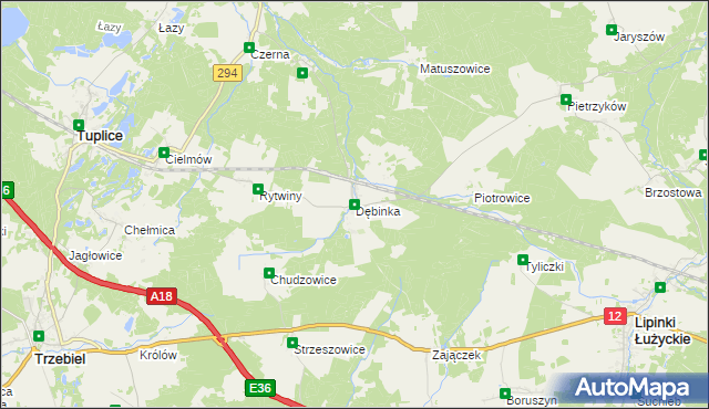 mapa Dębinka gmina Trzebiel, Dębinka gmina Trzebiel na mapie Targeo