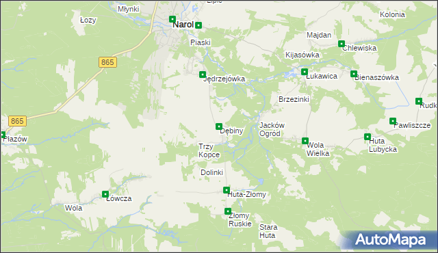 mapa Dębiny gmina Narol, Dębiny gmina Narol na mapie Targeo