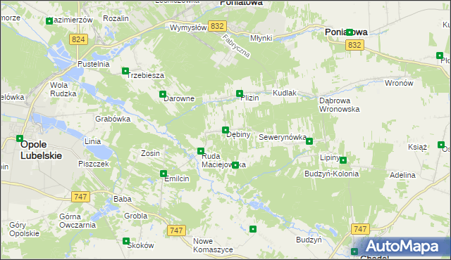 mapa Dębiny gmina Opole Lubelskie, Dębiny gmina Opole Lubelskie na mapie Targeo