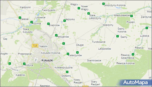 mapa Długie gmina Koluszki, Długie gmina Koluszki na mapie Targeo