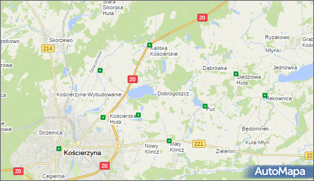 mapa Dobrogoszcz gmina Kościerzyna, Dobrogoszcz gmina Kościerzyna na mapie Targeo