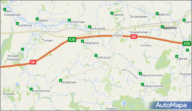 mapa Dobrzyca gmina Będzino, Dobrzyca gmina Będzino na mapie Targeo