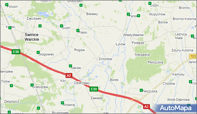 mapa Drozdów gmina Świnice Warckie, Drozdów gmina Świnice Warckie na mapie Targeo