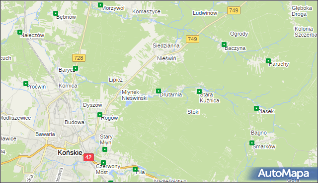 mapa Drutarnia gmina Końskie, Drutarnia gmina Końskie na mapie Targeo