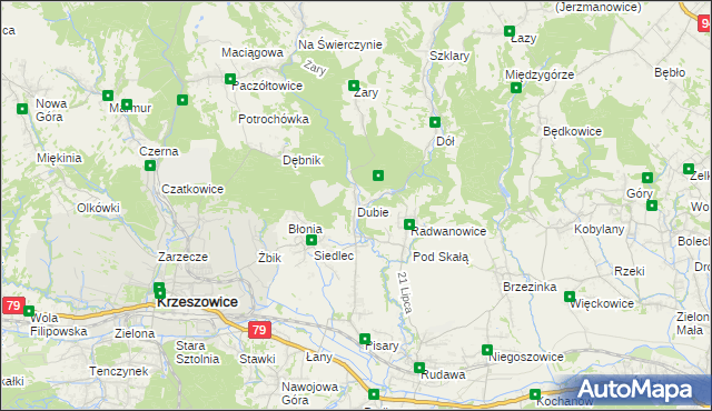 mapa Dubie gmina Krzeszowice, Dubie gmina Krzeszowice na mapie Targeo