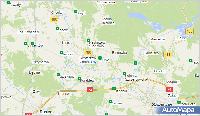 mapa Dubie gmina Szczerców, Dubie gmina Szczerców na mapie Targeo