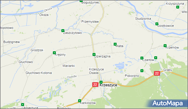mapa Dzierzążna gmina Krzeszyce, Dzierzążna gmina Krzeszyce na mapie Targeo