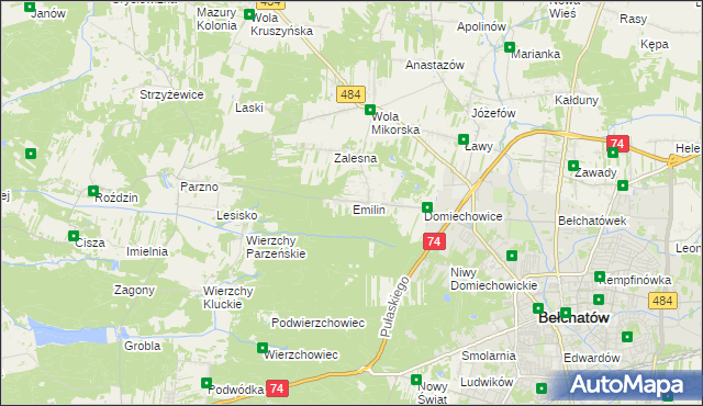 mapa Emilin gmina Bełchatów, Emilin gmina Bełchatów na mapie Targeo