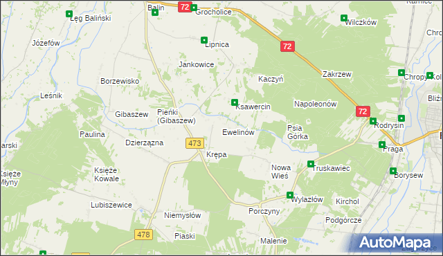 mapa Ewelinów gmina Poddębice, Ewelinów gmina Poddębice na mapie Targeo