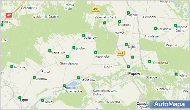 mapa Florianów gmina Popów, Florianów gmina Popów na mapie Targeo