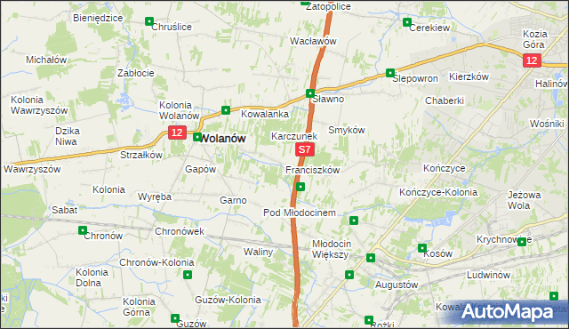 mapa Franciszków gmina Wolanów, Franciszków gmina Wolanów na mapie Targeo