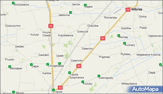 mapa Gawrony gmina Łęczyca, Gawrony gmina Łęczyca na mapie Targeo