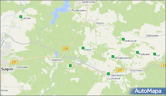 mapa Glisno gmina Sulęcin, Glisno gmina Sulęcin na mapie Targeo