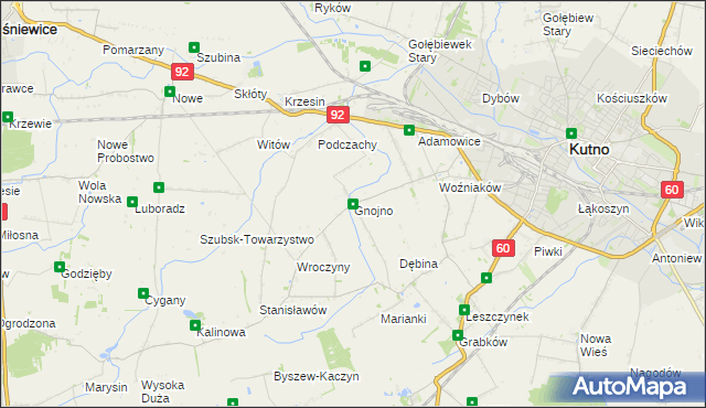 mapa Gnojno gmina Kutno, Gnojno gmina Kutno na mapie Targeo