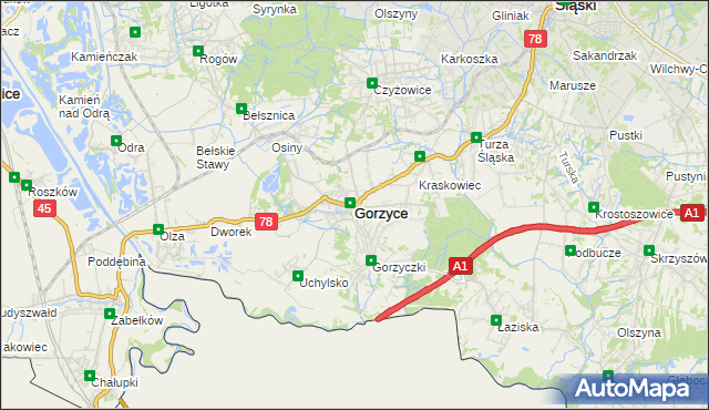mapa Gorzyce powiat wodzisławski, Gorzyce powiat wodzisławski na mapie Targeo