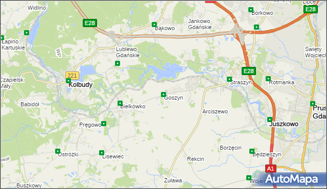 mapa Goszyn gmina Pruszcz Gdański, Goszyn gmina Pruszcz Gdański na mapie Targeo