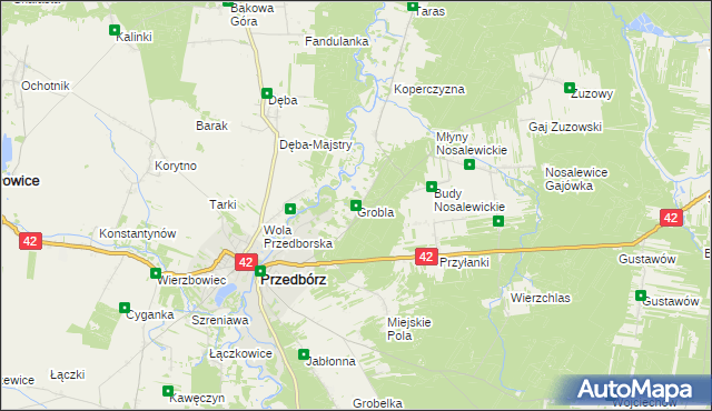 mapa Grobla gmina Przedbórz, Grobla gmina Przedbórz na mapie Targeo