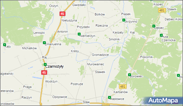 mapa Gromadzice gmina Czarnożyły, Gromadzice gmina Czarnożyły na mapie Targeo