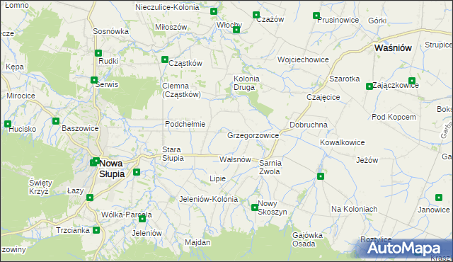 mapa Grzegorzowice gmina Waśniów, Grzegorzowice gmina Waśniów na mapie Targeo