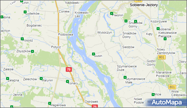 mapa Gusin gmina Sobienie-Jeziory, Gusin gmina Sobienie-Jeziory na mapie Targeo