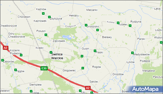 mapa Gusin gmina Świnice Warckie, Gusin gmina Świnice Warckie na mapie Targeo