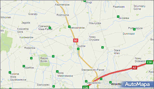 mapa Guzów gmina Wiskitki, Guzów gmina Wiskitki na mapie Targeo