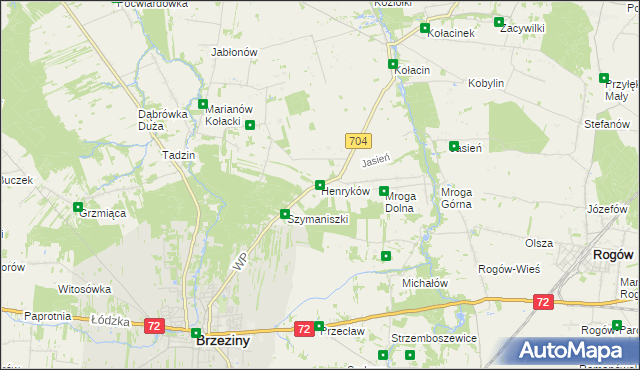 mapa Henryków gmina Brzeziny, Henryków gmina Brzeziny na mapie Targeo