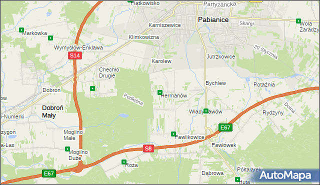 mapa Hermanów gmina Pabianice, Hermanów gmina Pabianice na mapie Targeo