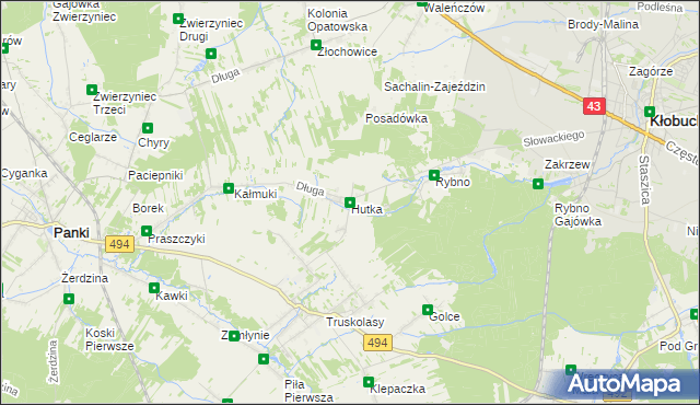 mapa Hutka gmina Wręczyca Wielka, Hutka gmina Wręczyca Wielka na mapie Targeo