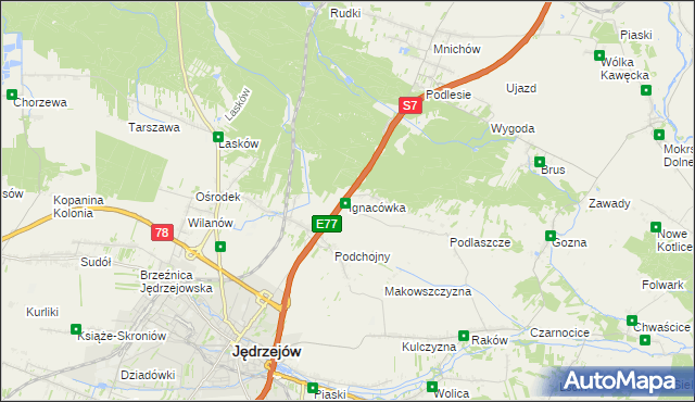 mapa Ignacówka gmina Jędrzejów, Ignacówka gmina Jędrzejów na mapie Targeo