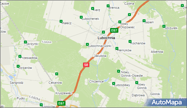 mapa Jakubów gmina Lubochnia, Jakubów gmina Lubochnia na mapie Targeo