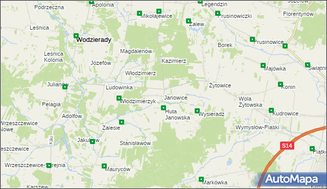 mapa Janowice gmina Pabianice, Janowice gmina Pabianice na mapie Targeo