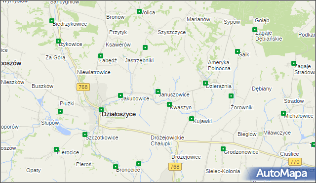 mapa Januszowice gmina Działoszyce, Januszowice gmina Działoszyce na mapie Targeo