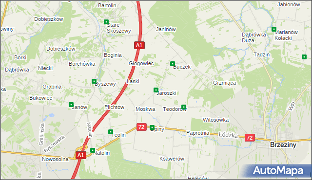 mapa Jaroszki gmina Brzeziny, Jaroszki gmina Brzeziny na mapie Targeo