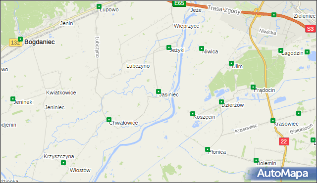 mapa Jasiniec gmina Bogdaniec, Jasiniec gmina Bogdaniec na mapie Targeo